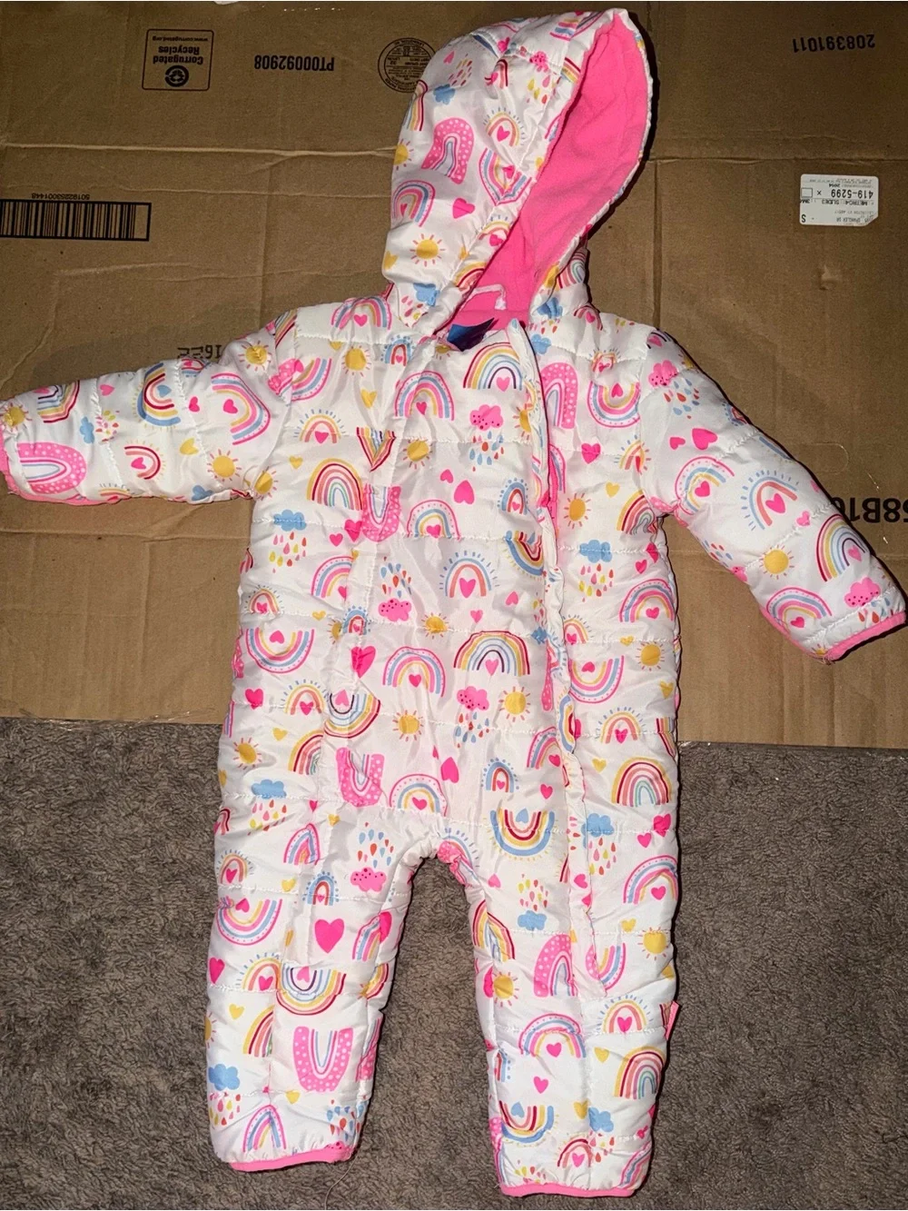 Infant Pink Rainbow Hooded Snowsuit One-Piece